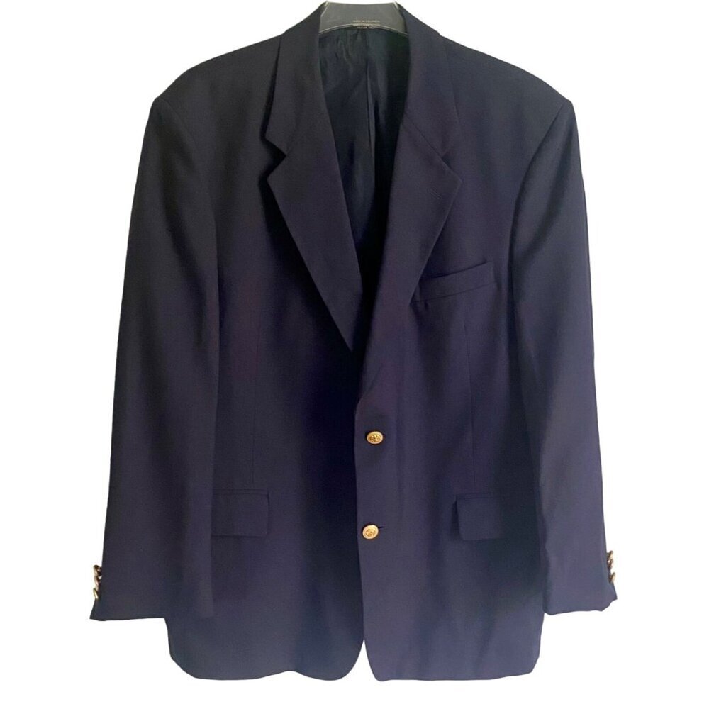 Navy Blazer Sport Coat Single Breasted Fully Lined Gold 2 Button Size 44R
